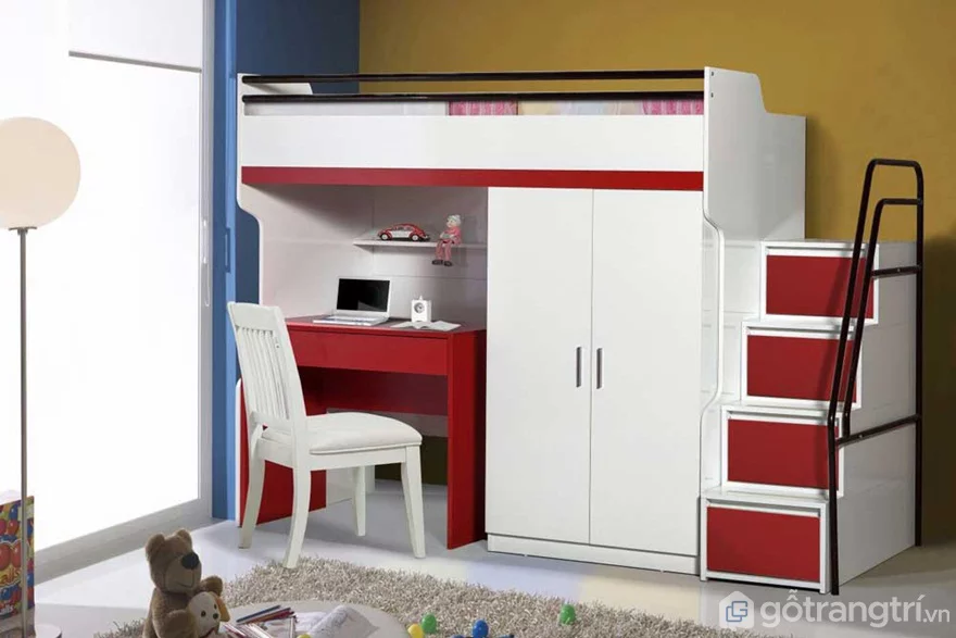 Bộ giường tầng màu đỏ trắng tích hợp bàn học tiện nghi - Ảnh: Internet